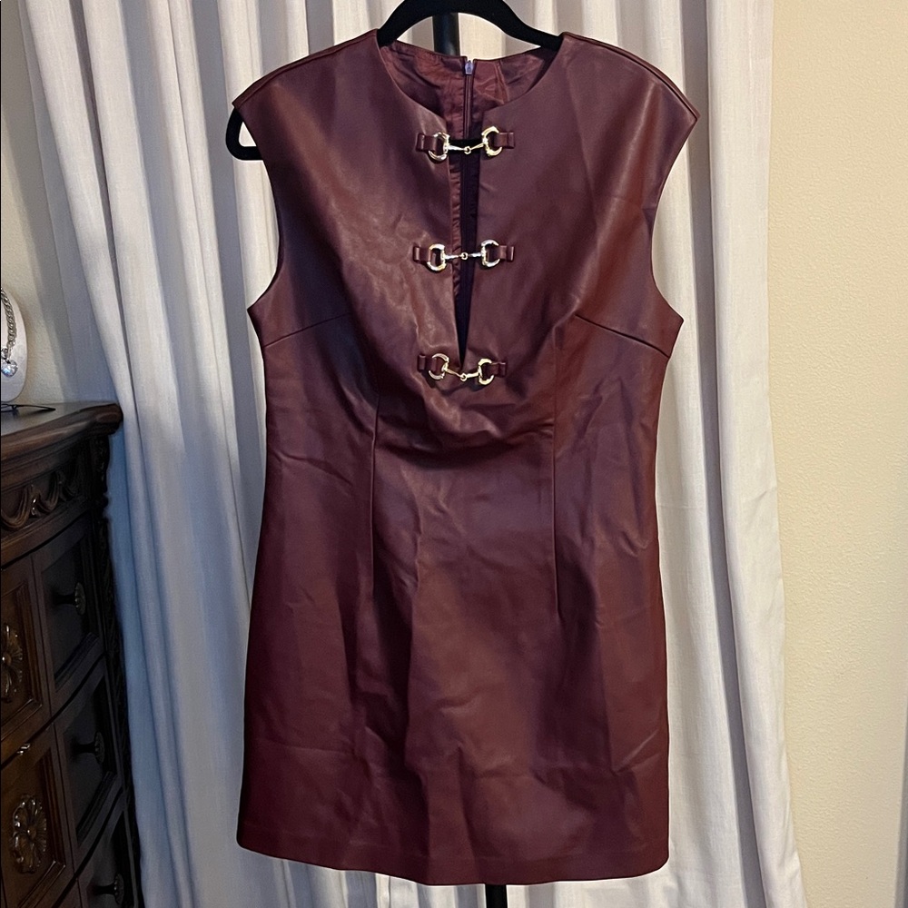 Burgundy Leather Dress with Gold Buckle Accents